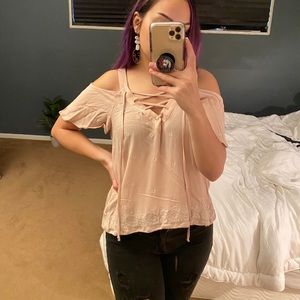 Pink Lace Up Cold Shoulder Blouse